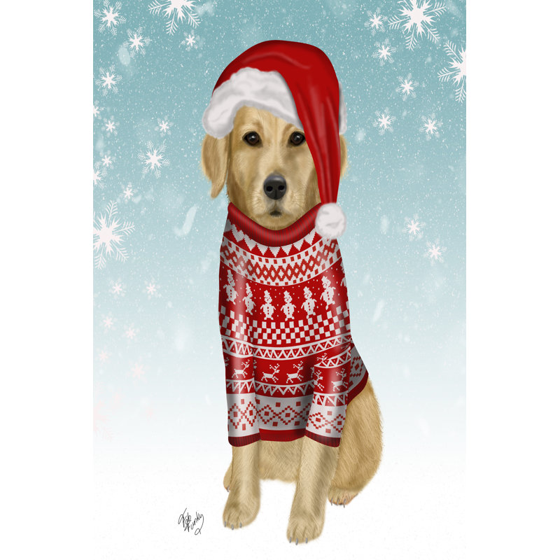 Golden Retriever In Christmas Sweater par Fab Funky - impression sur toile tendue, H 48 po x l 32 po