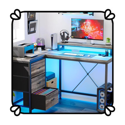 Bureau d'ordinateur ergonomique en forme de L avec 4 prises de courant, 2 ports USB, 7 lumières DEL, support amovible, tiroirs et bibliothèque