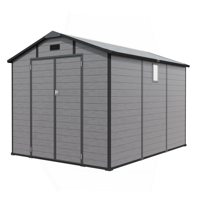Remise de rangement extérieure en plastique 8 x 10 pi - Remise à outils verrouillable en résine avec fenêtre et plancher, gris foncé