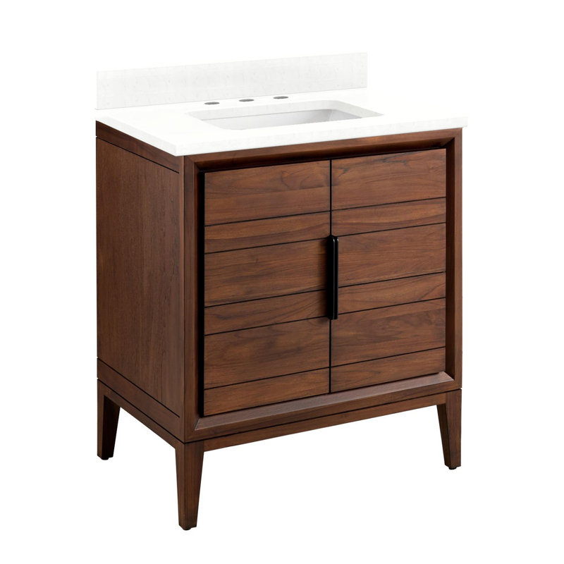 30" Aliso Single Bathroom Vanity Set with Rectangular Undermount Sink, 8" Widespread, Feathered White Quartz, Java