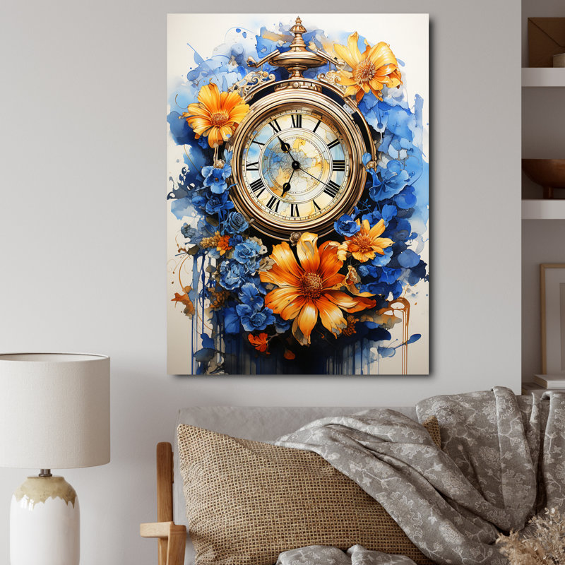 Boho Time, fleurs orange et plumes bleues, reproduction sur toile, Toile tendue, 40" H x 30" W
