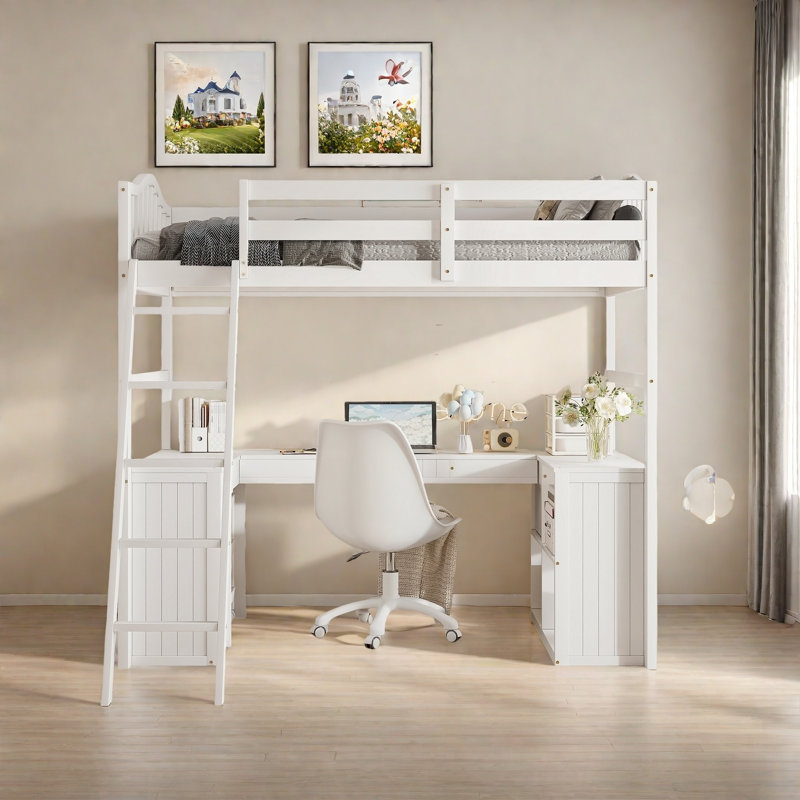 Lit mezzanine simple avec tiroirs, armoire, tablettes et bureau, lit mezzanine en bois avec bureau - blanc