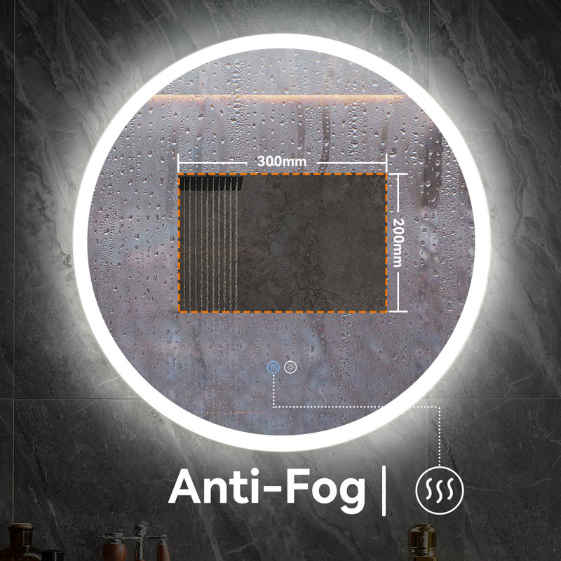 Bresemen Acrylic Round Bathroom Mirror with Led Lights - Anti-fog Wall Mounted -50/60cm, 60 cm H x 60 cm W