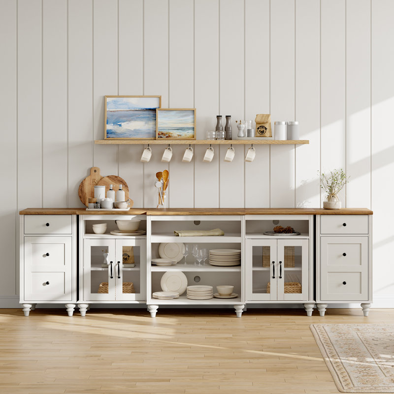 Corretta Buffet Cabinet With 4 Glass Doors, Shelves, and Drawers, White/Brown
