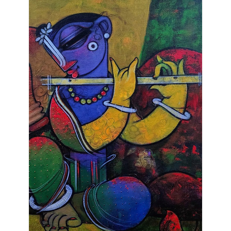 Lord Krishna avec vache | Acrylique sur toile | Par Ramesh Gujar