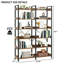 Bibliothèque industrielle à 6 niveaux avec tablettes ouvertes, structure en métal autoportante pour le rangement et la présentation, design moderne et durable pour la maison et le bureau, brun