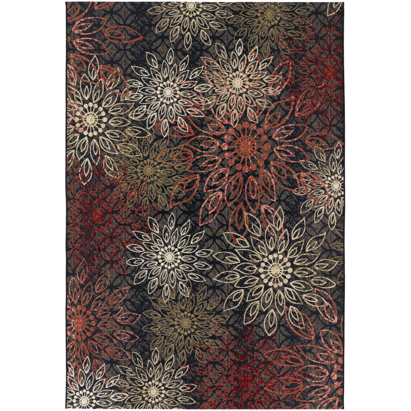Sauget Floral Black Multicolor Indoor Outdoor Area Rug, Rectangle 8'6" x 13'