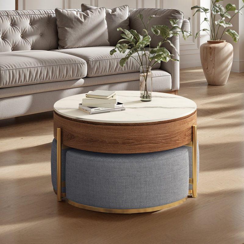 Lift-Top Extendable Frame Coffee Table Included 3 Stools，Round Coffee Table with Storage