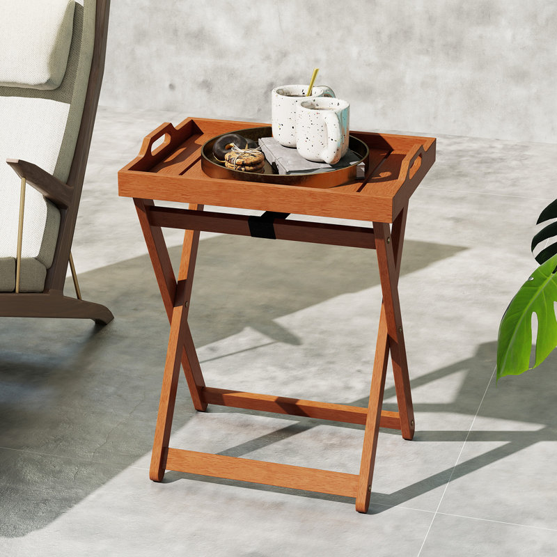2PCS Outdoor Wood Tray Table w/Removable Serving Tray & Folding Frame for Porch, 2