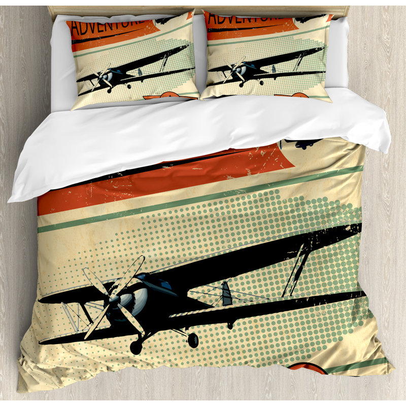 Vintage Multicolor Airplane Graphic Queen Duvet Cover Set