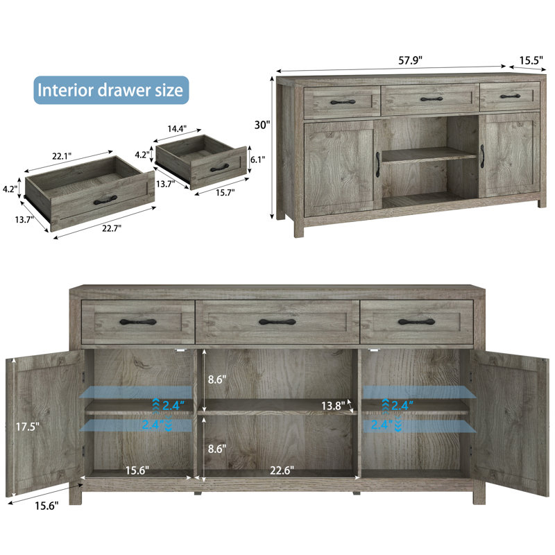 Buffet 57,9 "avec 3 tiroirs, tablette réglable, Gris
