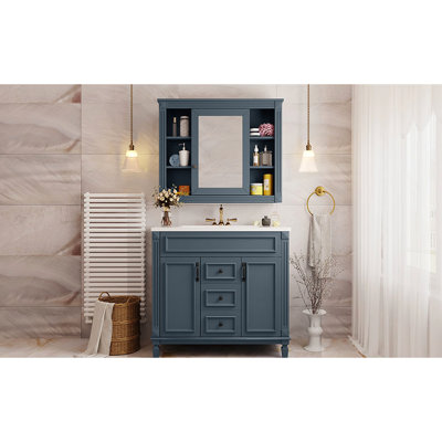 Meuble-lavabo bleu 36 po, armoire à miroir avec lavabo, 2 portes à fermeture douce, meuble-lavabo à tiroir et miroir, armoire, portes
