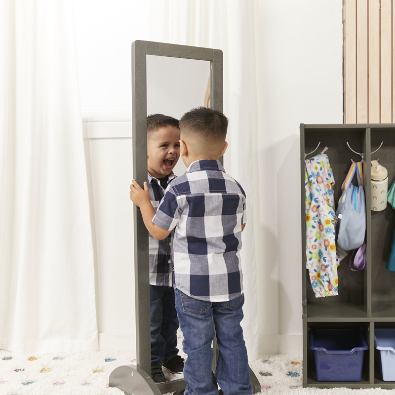 ECR4Kids Wooden Single-Sided Bi-Directional Mirror, Kids Furniture, 45.7" x 14.6", Natural Wood