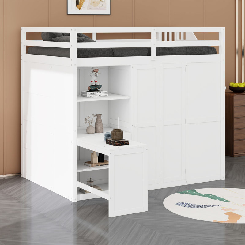 Lit mezzanine avec garde-robe, bureau et tablettes, Blanc