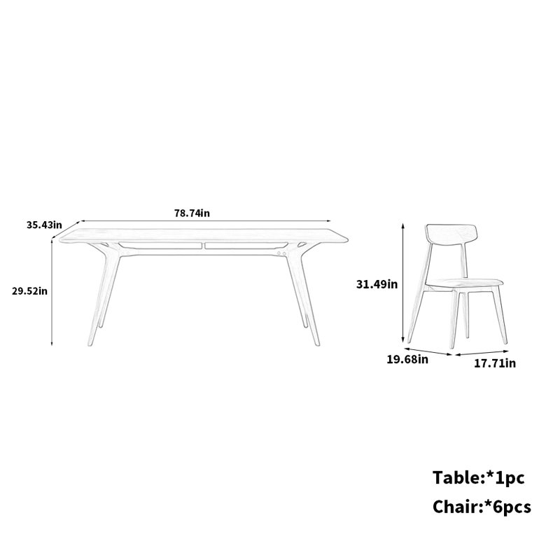 Sintered Stone Table White Ash Seating Set, 29.52"H x 78.74"L x 35.43"W