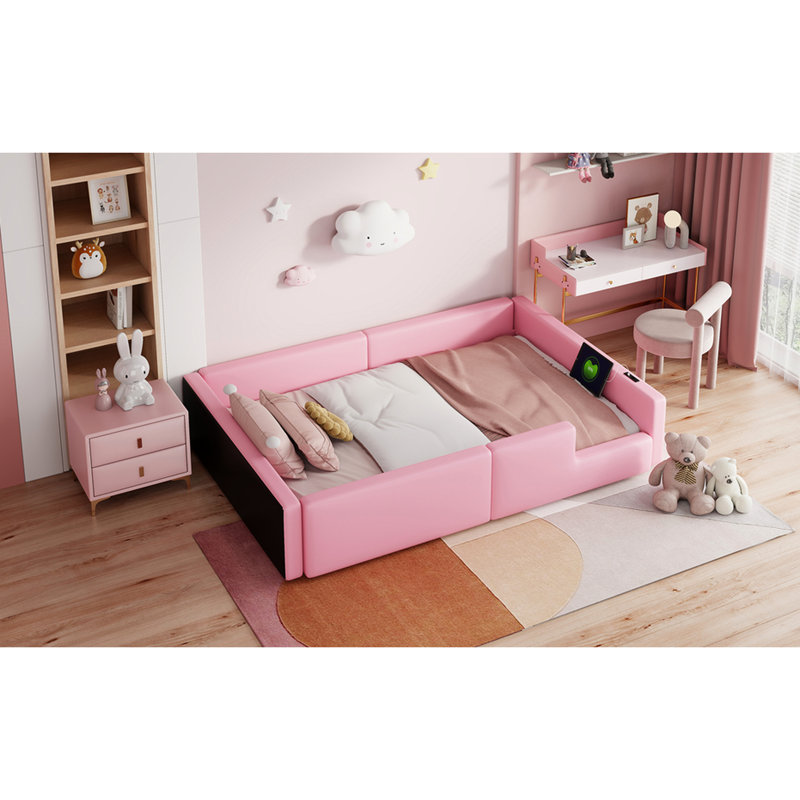 Lit plateforme simple tapissier rose simple avec station de charge et garde-corps pleine longueur, capacité de charge élevée, longue durée, confortable pour la lecture au lit, sécuritaire
