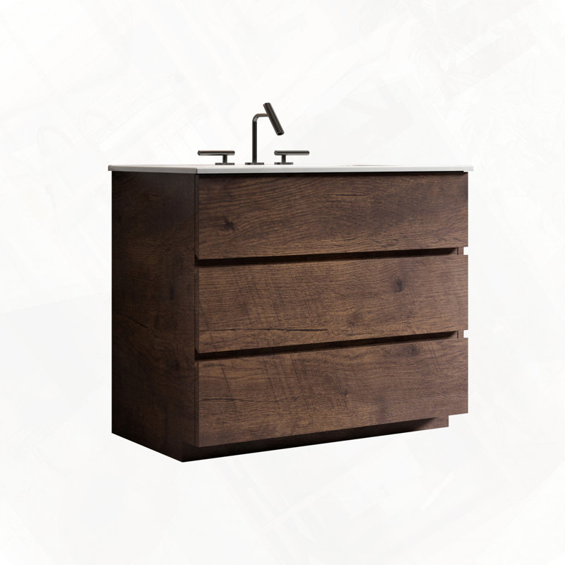 Meuble-lavabo autoportant avec lavabo et trois trous pour robinets, Noyer, 36"