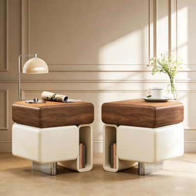 Table de chevet moderne en bois avec placage de noyer et pieds en acier inoxydable