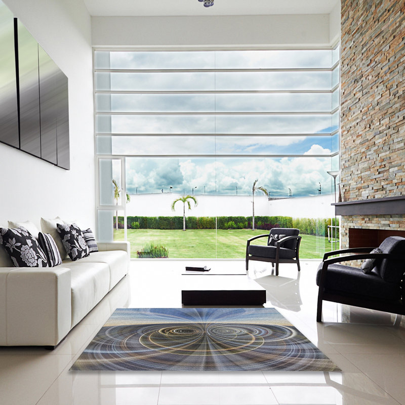 Tapis bleu/brun/gris à motifs, Carré 6 pi