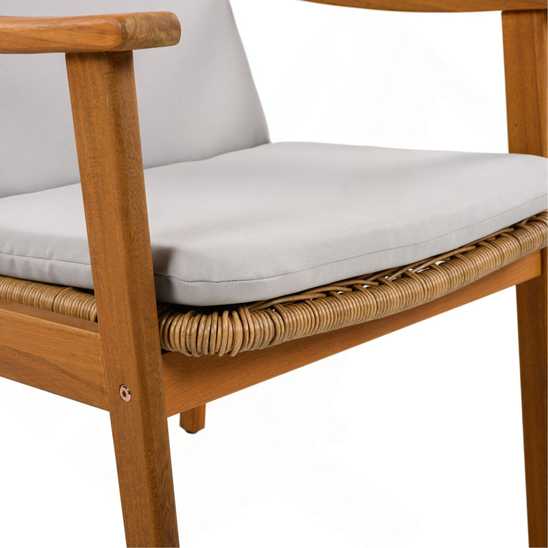 Ensemble de 2 chaises de salle à manger d'extérieur, structure en bois d'acacia couleur teck, osier PE brun, coussin imperméable gris, idéal pour les patios et les jardins