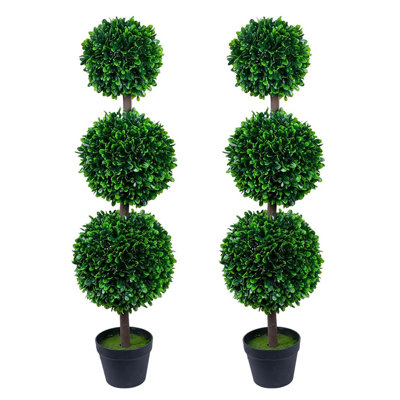 Set of 2 3.4 ft Artificial Topiary Trees, Faux Boxwood 3-Tier Ball Plants with Pot, UV Resistant Greenery for Porch, Garden & Home Decor