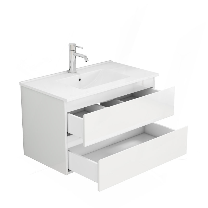 Ensemble de meuble-lavabo avec lavabo 31,5 po, armoire avec 2 grands tiroirs, système de fermeture en douceur, 2 grands tiroirs, conception sans poignée, assemblage facile, blanc brillant