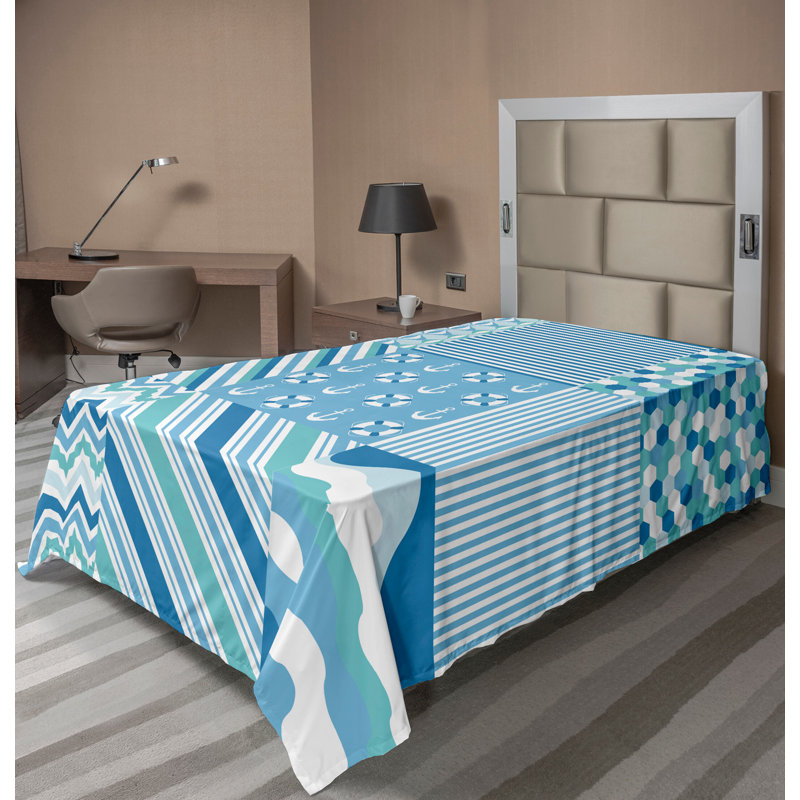 Ambesonne Chevron Top Flat Sheet Zigzags Wavy Anchor Turquoise Teal Blue, Twin
