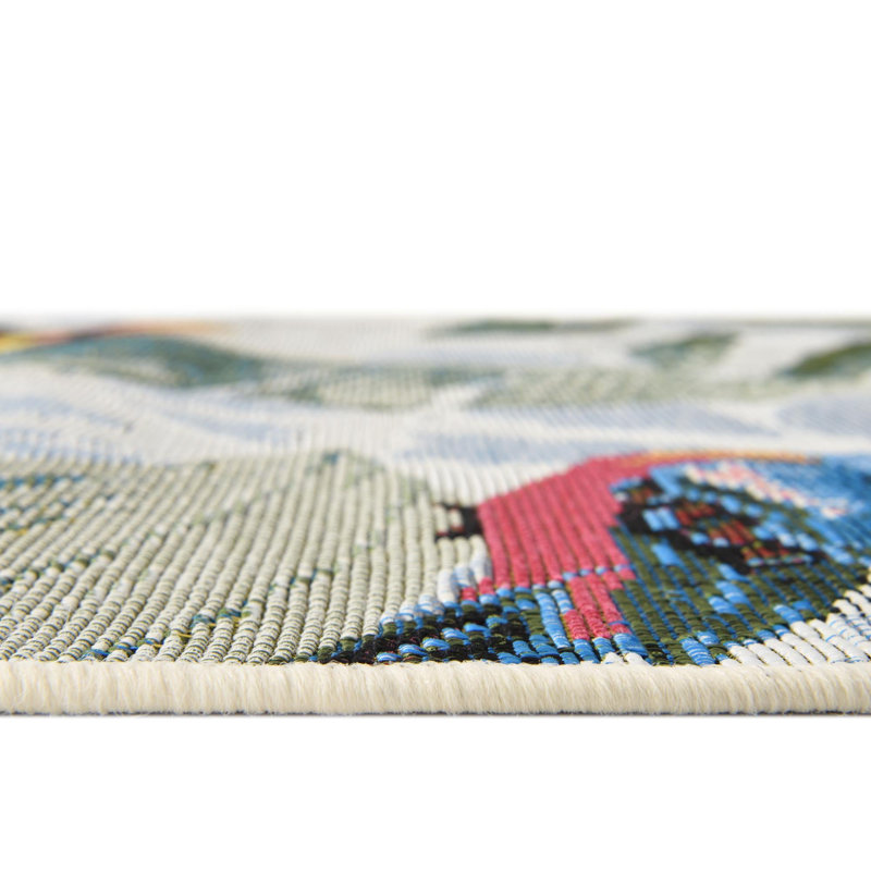 Blue Floral Tropical Birds Stain-Resistant Synthetic Rug, 10' x 12'