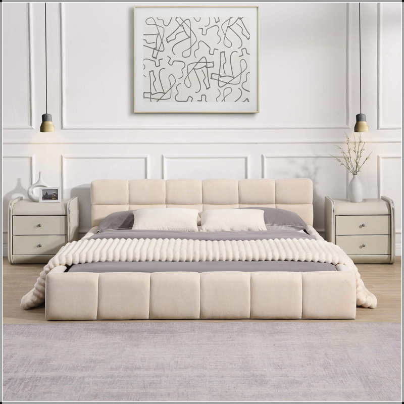 Élégant lit tapissier en chenille beige avec motif damier, grand, confort et style ultimes, Grand
