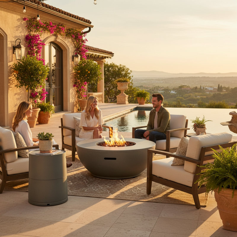 15" H x 37” W 2-Pieces Round Outdoor Gas Fire Pit Table Set with Hidden Round Gas Tank Holder as Side table