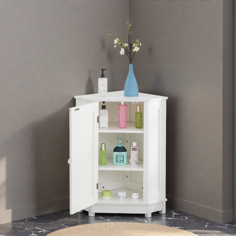 Bathroom Cabinet Triangle Corner Storage Cabinet With Adjustable Shelf Modern Style MDF Board, White