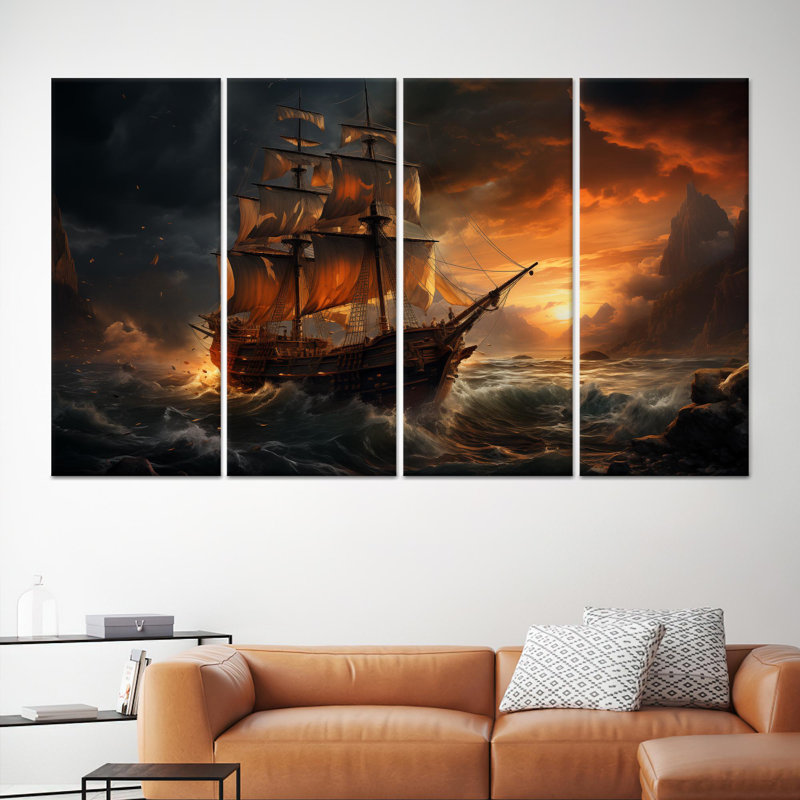 Printed Canvas Artwork: Fantasy Ship at Sunset - Sea Decor,4P Wrapped Canvas, H: 43.3 x W:63 inches