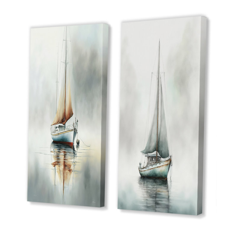 Bateau sur le lac II - ensemble d'art mural bateau côtier de 2 pièces, Toile tendue, H 20 po x l 24 po