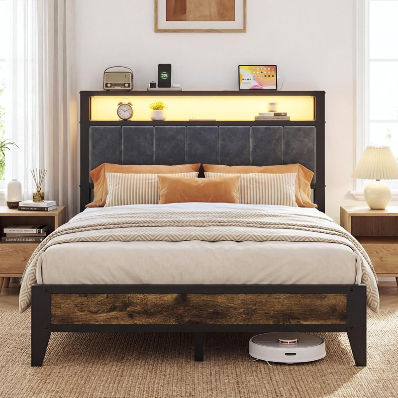 OLEVS Modern Full Metal Platform Bed with Charging Station, LED Headboard & Built-in Storage, Full / Double