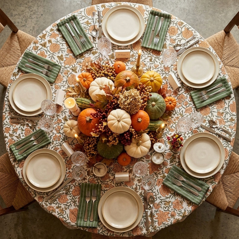 Handcrafted Floral Tablecloth, 90" Round