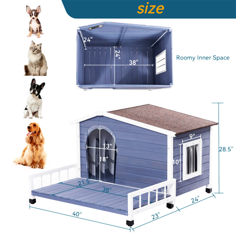 Large Blue and White Wooden Dog House with Terrace