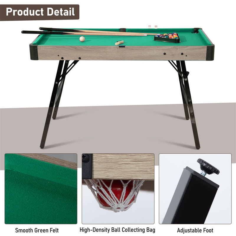 Portable Pool Table 48" Portable Pool Table, Foldable Billiard Table with 2 Cue Sticks, Balls, Triangle, Chalk, Brush, Green