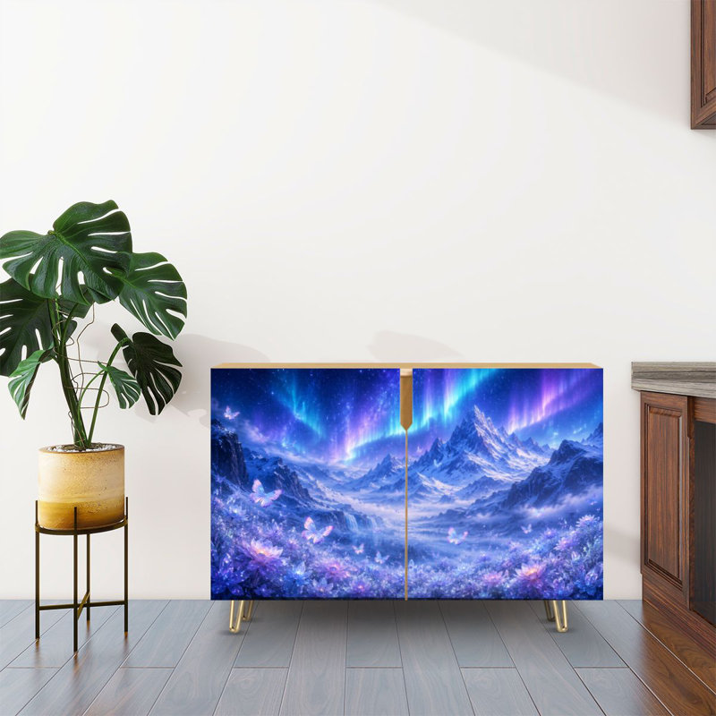 Buffet Buffet avec rangement Fantasy Snowy Mountain Landscape Northern Lights Glowing Flowers avec 2 portes pour le salon et la cuisine