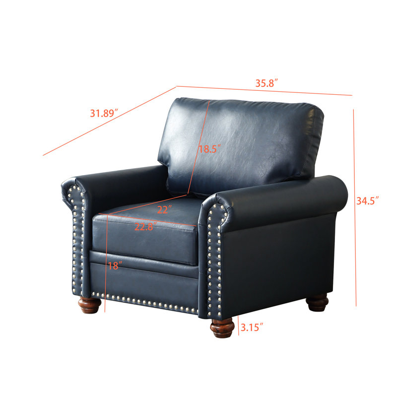 Fauteuil confortable bleu marine avec base en bois massif et fauteuil en similicuir, pieds pour le salon
