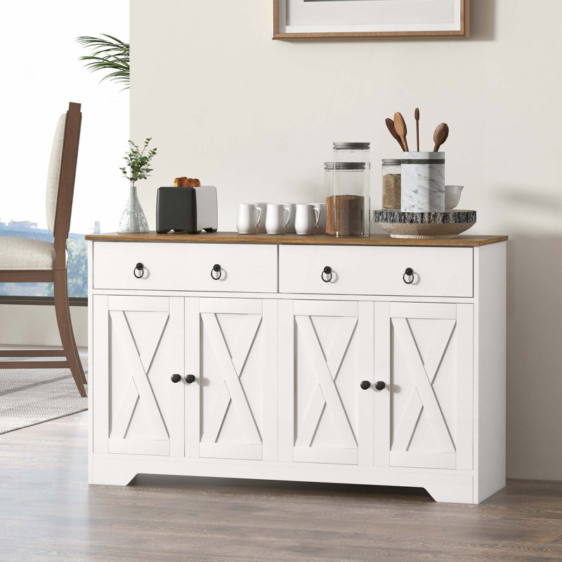 Buffet avec 2 tiroirs, 2 armoires de rangement, 4 portes de style grange et tablettes réglables
