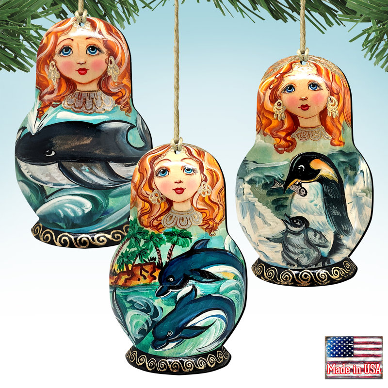 Ensemble d'ornement suspendu en bois 3 pièces Dolphins Whale and Pinguins Dolls