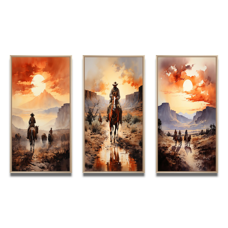 «Cowboy Chassing The Sunset», 3 pièces, Encadré naturel, H 60 po x l 40 po