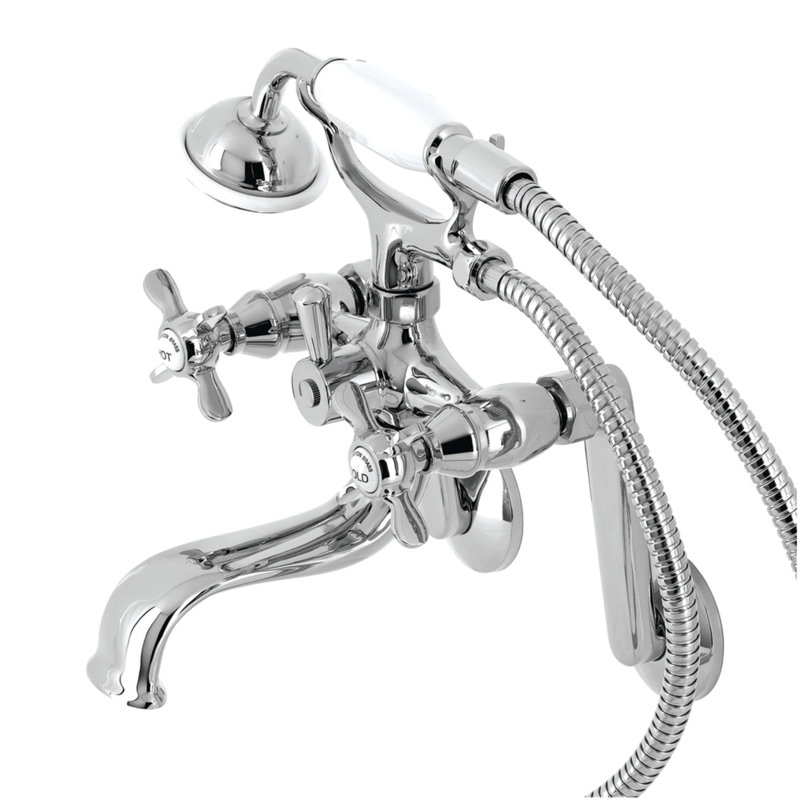 Kingston Brass Kingston Three-Handle 2-Hole Tub Wall Mount Clawfoot Tub Faucet with Hand Shower, Polished Chrome/White