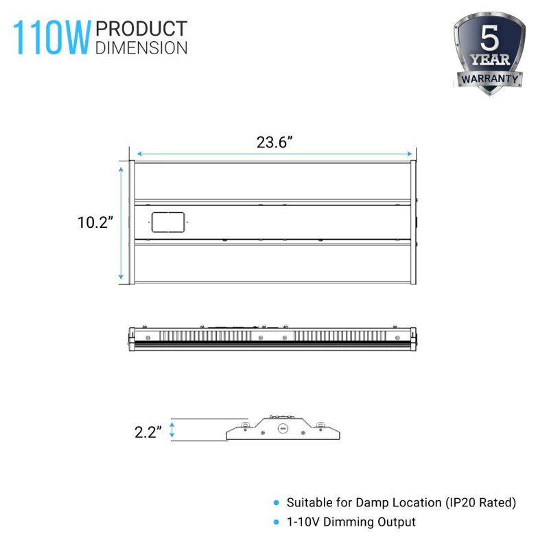 Dimmable Rectangle High Bay Ceiling Light, 10.24" H x 23.62" W x 2.2" D, 110W, 15700