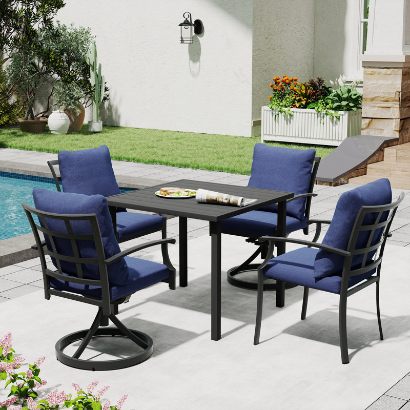 Ivyglow 5-Piece Black Metal Patio Dining Set With Square Table, 2 Swivel Dining Chairs And Blue Cushions, Blue