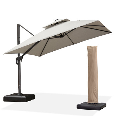 10' Square Cantilever Advanced Fabric Umbrella With Base And Umbrella Cover With Zipper,Light Gray