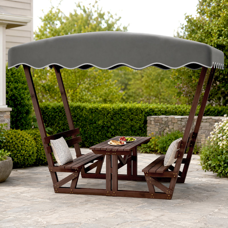 Ensemble de table de pique-nique et de banc d'extérieur en bois massif imperméable avec auvent amovible, ensemble de salle à manger rectangulaire en bois toutes saisons pour patio, jardin, terrasse, parc et plage