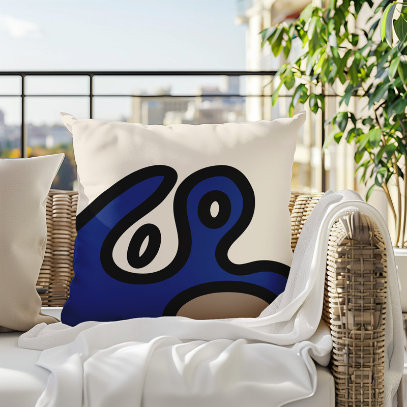 Oreiller carré réversible intérieur / extérieur Peller, Bleu marine / noir / blanc cassé abstrait, H 17 po x l 17 po