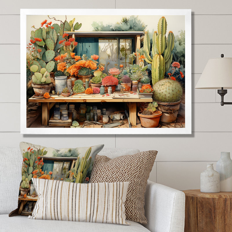 «Mexico Cactus Oasis Impasto III», reproduction d'art sur toile, Cadre simple blanc, H 30 po x l 40 po x P 1,5 po