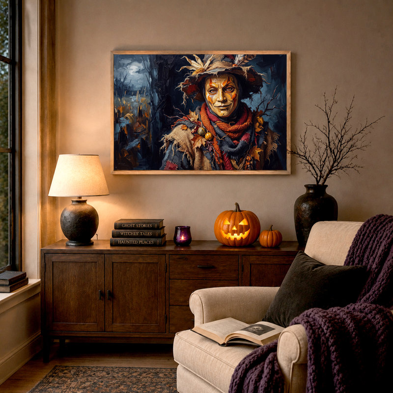 «Scarecrow Portrait» avec toile de chapeau d'Halloween et écharpe orange, H 24 po x l 36 po